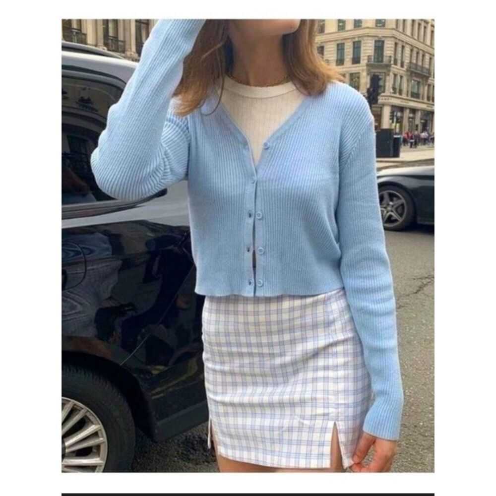Brandy Melville Light Blue Ribbed Button-Up Cardigan